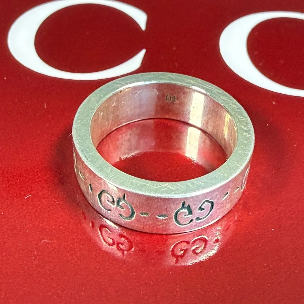 Gucci Ghost Ring Sterling Silver 6mm GG Skull Graffiti Band 477339 Size 16 IT